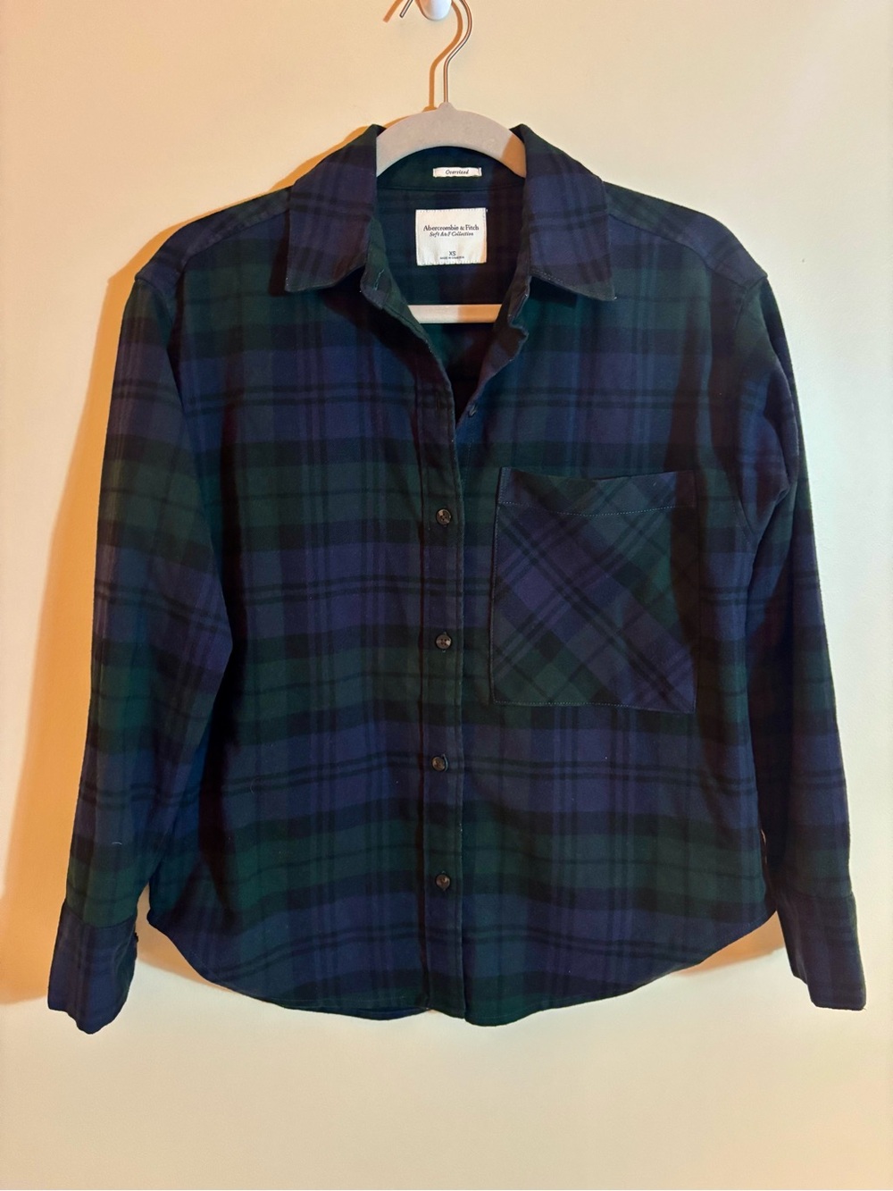 Abercrombie & Fitch Plaid Oversized Button-Up Shirt Navy & Green Soft Collection
